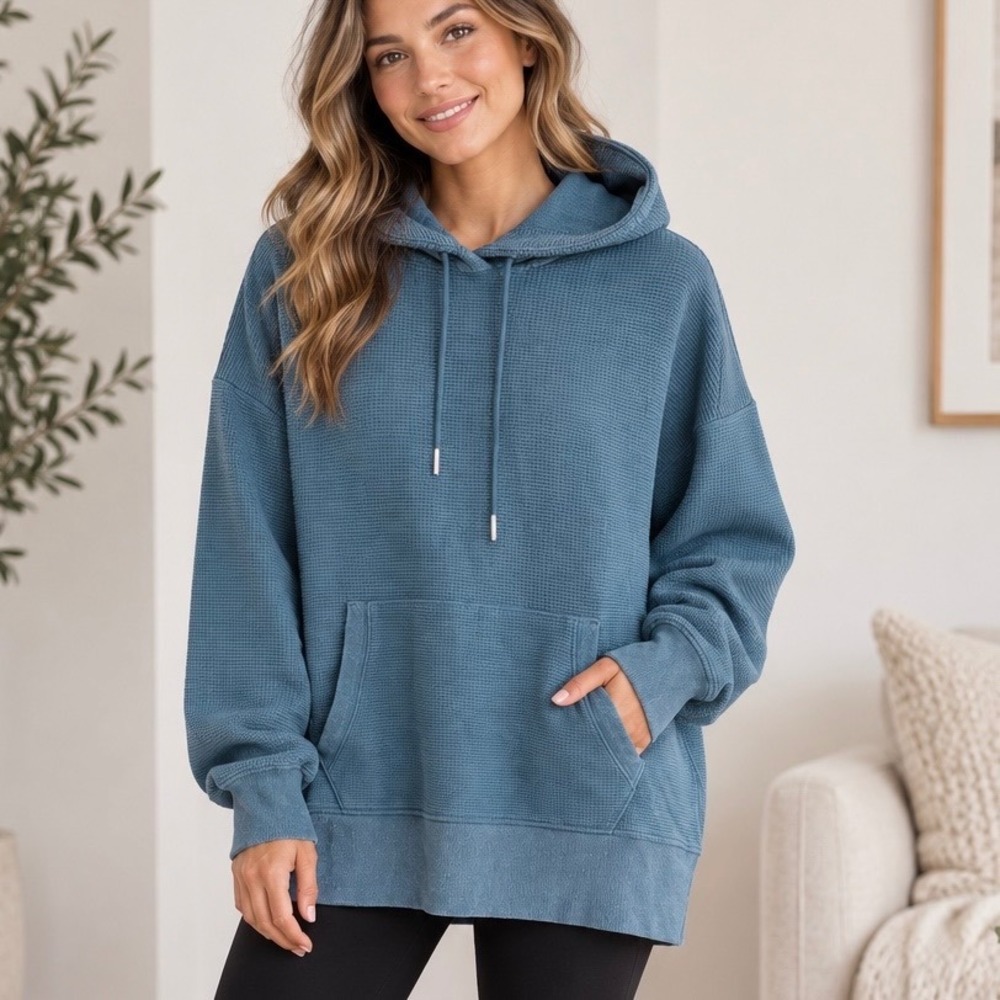 Athleta Balance Waffle Hoodie Women Size M Blue Excellent Relaxed Sweatshirt
